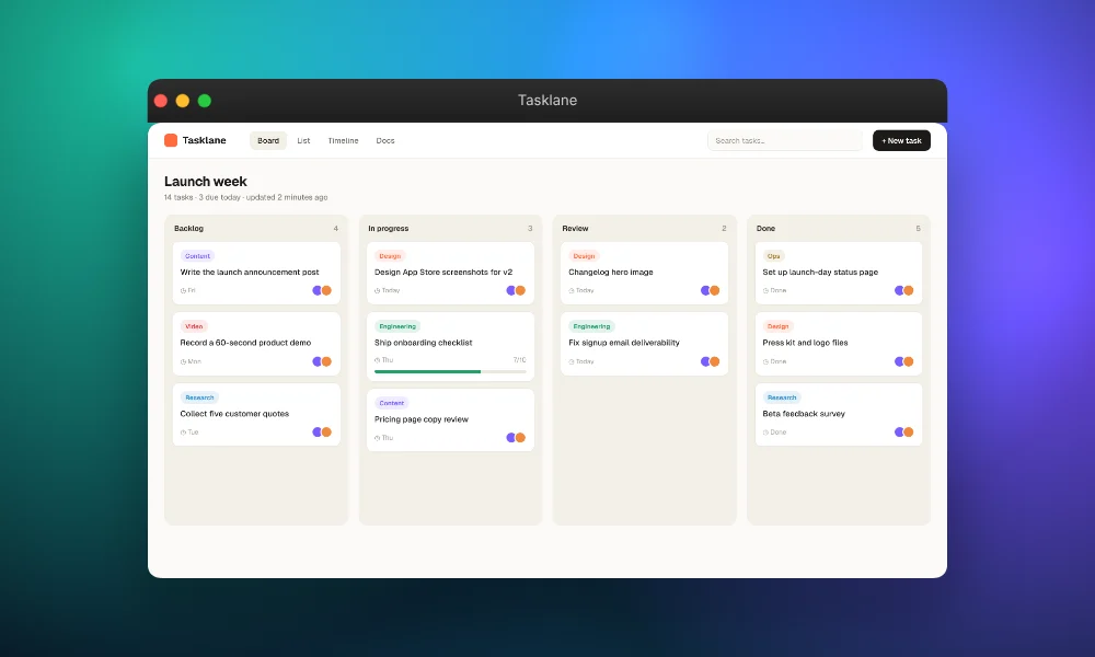 A task board in a macOS window on a green and violet aurora mesh