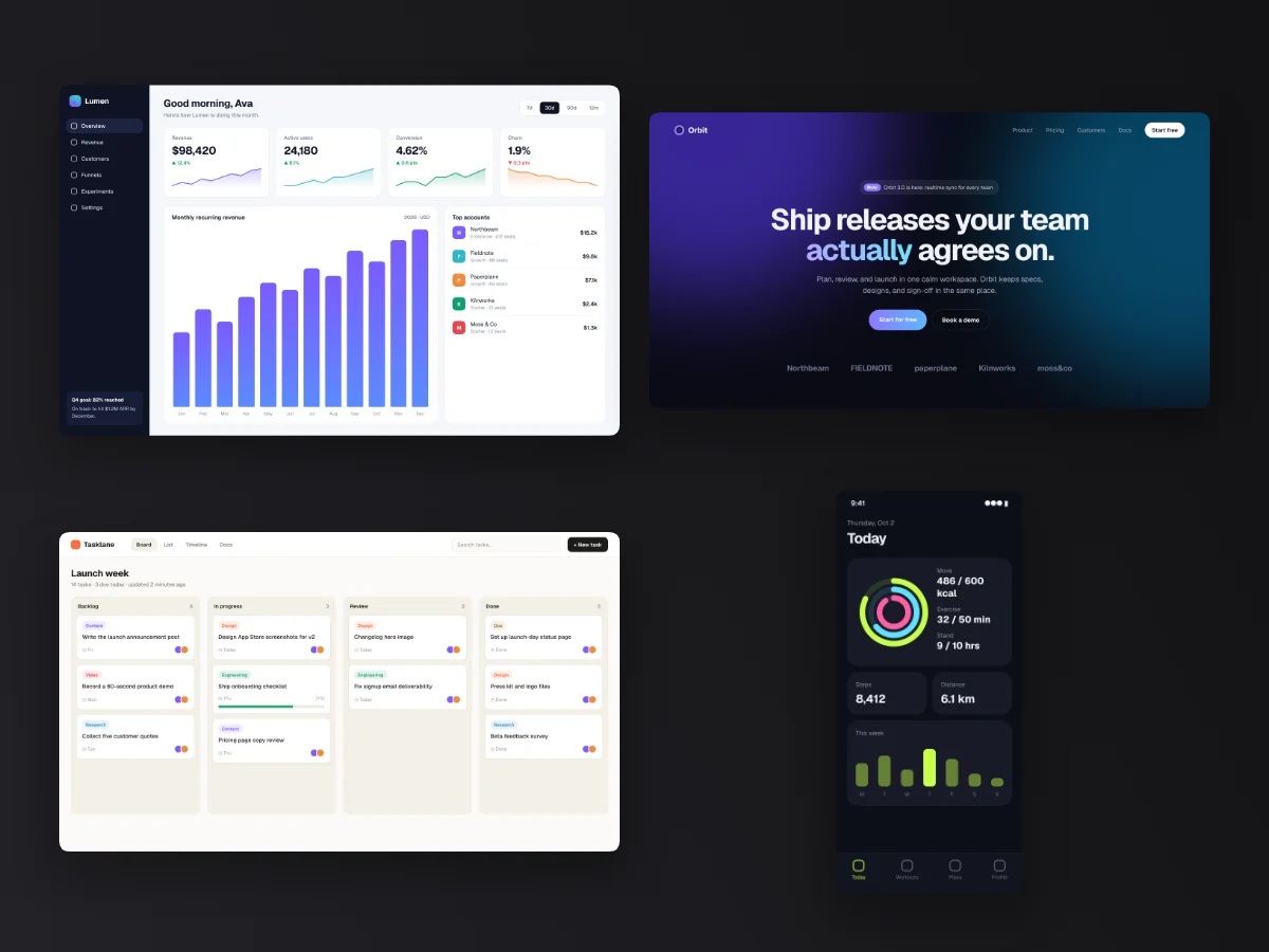 Four app screenshots arranged in a grid with auto-layout