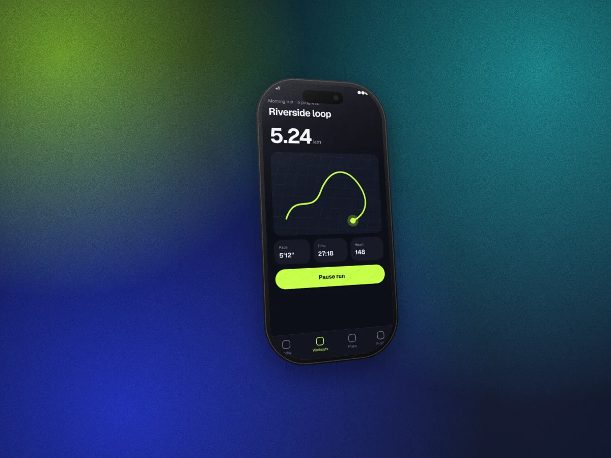 A running app screen in an iPhone frame, tilted in 3D