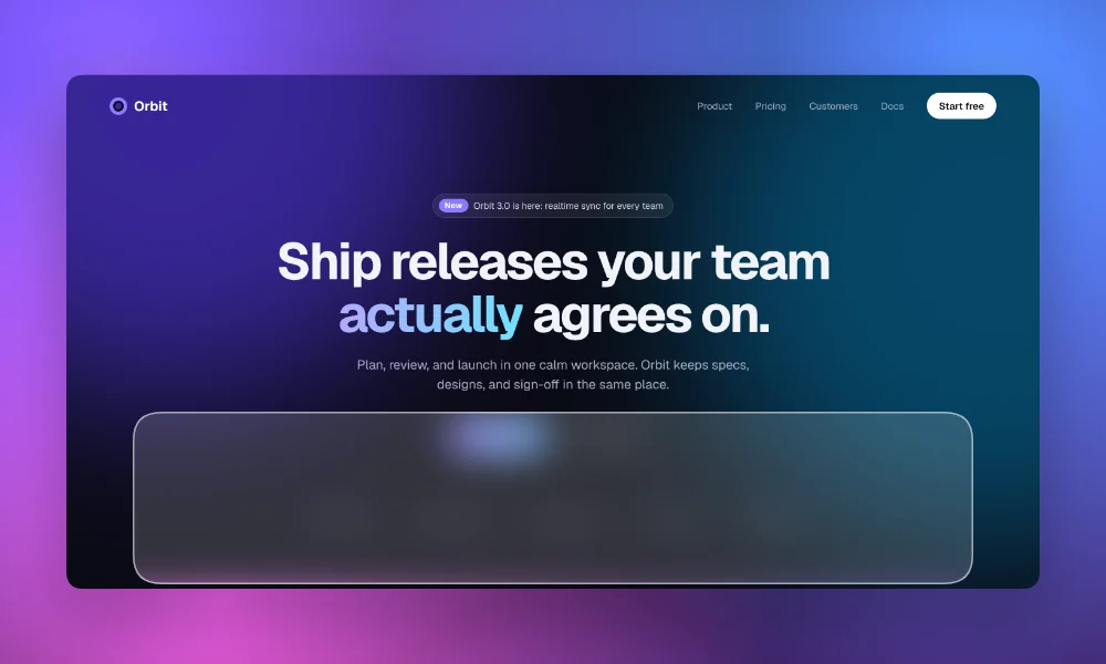 A landing page with a frosted glass panel over its lower half on a violet mesh