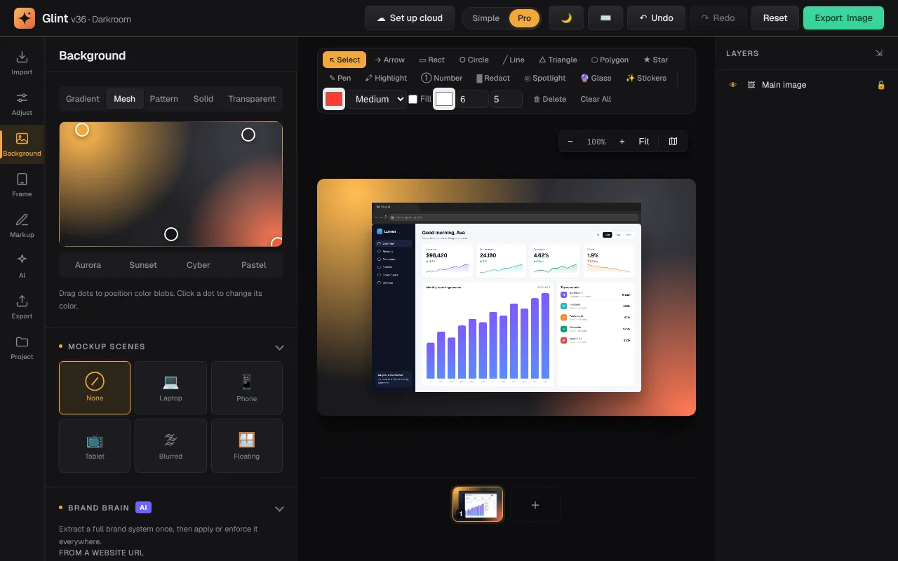 The Glint editor framing a dashboard screenshot on a graphite and amber background