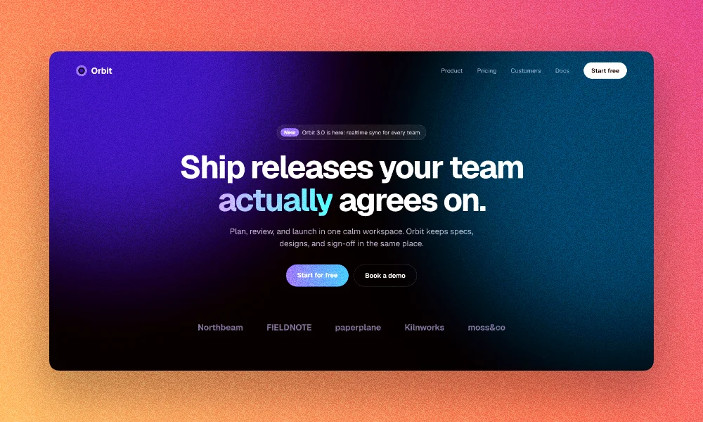 A landing page on a sunset gradient with film grain