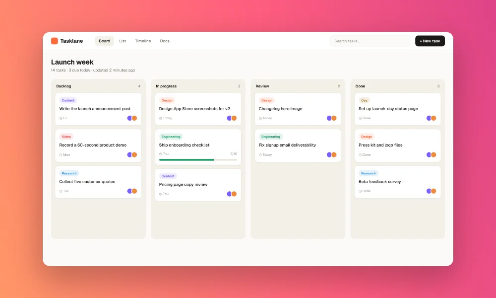A task board with rounded corners and a soft shadow on a warm gradient